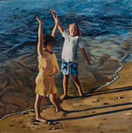Two children in oil painting by Elaine Conneely