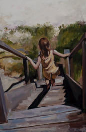 Child descending steps in oil on canvas
