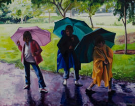 Three children playing in the rain in oil paint