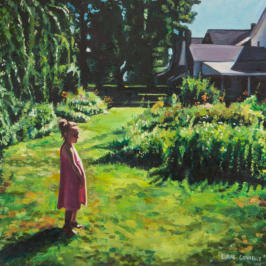Thoughtful child in a garden painting