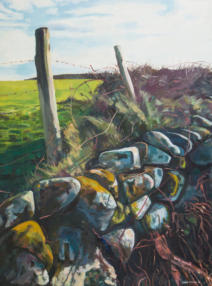 An oil painting of a Connemara wall and fence 